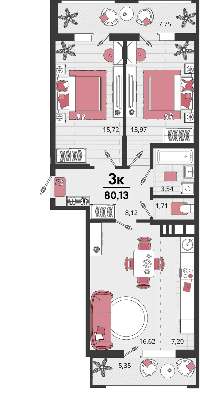 Планировка 3-комн. квартира, 80.13 м² ЖК «Родные просторы»