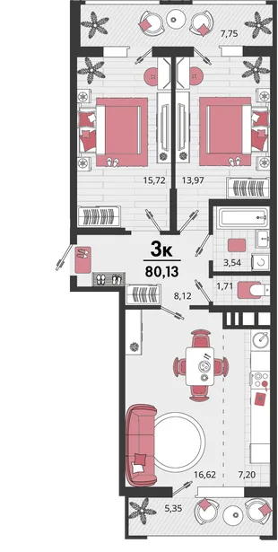 Планировка 3-комн. квартира, 80.13 м² ЖК «Родные просторы»