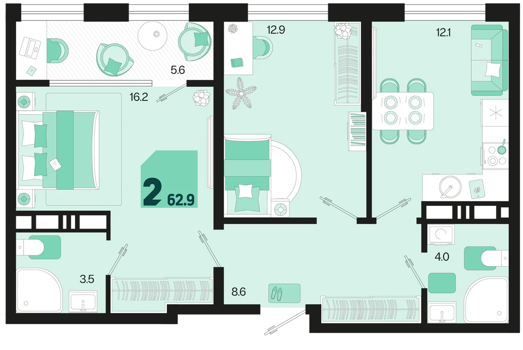 Планировка 2-комн. квартира, 62.9 м² ЖК «Первое место»
