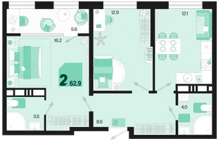 Планировка 2-комн. квартира, 62.9 м² ЖК «Первое место»