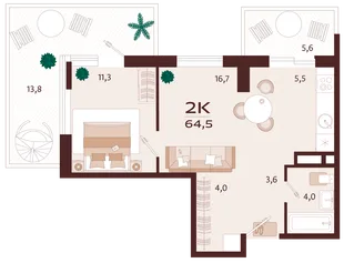 Планировка 2-комн. квартира, 64.5 м² ЖК «Роялта»