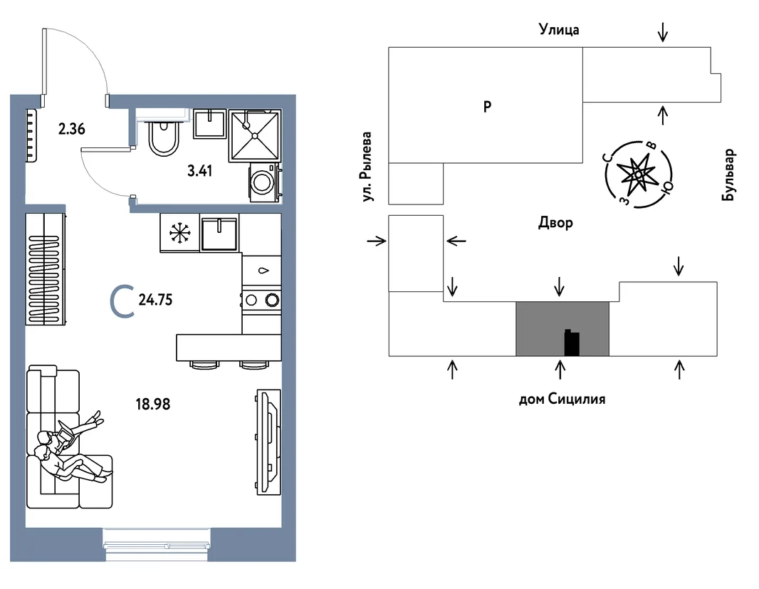 Планировка Студия, 24.75 м² ЖК «Остров-сад»