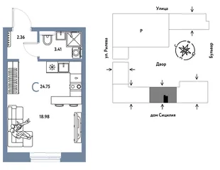 Планировка Студия, 24.75 м² ЖК «Остров-сад»