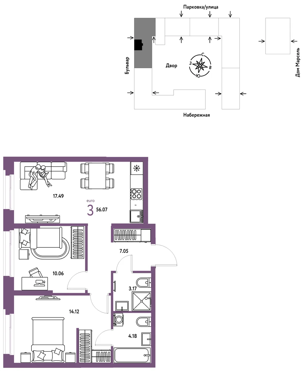 Планировка 3-комн. квартира, 56.07 м² ЖК «Европейский берег 2.0»