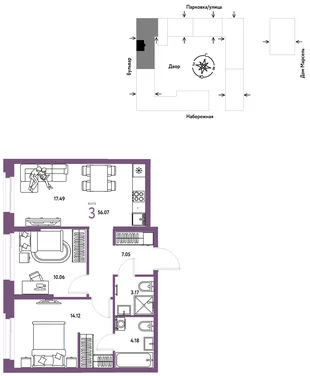 Планировка 3-комн. квартира, 56.07 м² ЖК «Европейский берег 2.0»