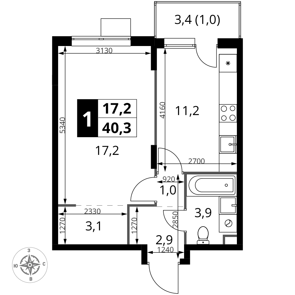 Планировка 1-комн. квартира, 40.3 м² ЖК «1-й Шереметьевский»