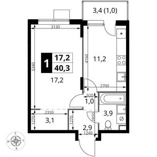 Планировка 1-комн. квартира, 40.3 м² ЖК «1-й Шереметьевский»