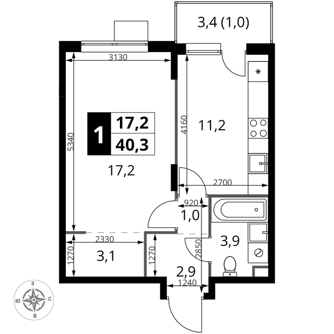 Планировка 1-комн. квартира, 40.3 м² ЖК «1-й Шереметьевский» Планировка 1-комн. квартира, 40.3 м² ЖК «1-й Шереметьевский»