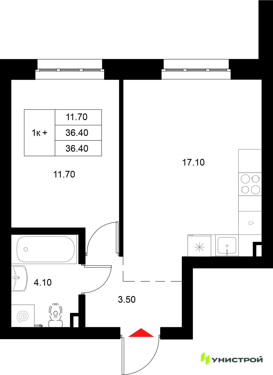 Планировка 1-комн. квартира, 36.4 м² ЖК «Уникод на Технической»