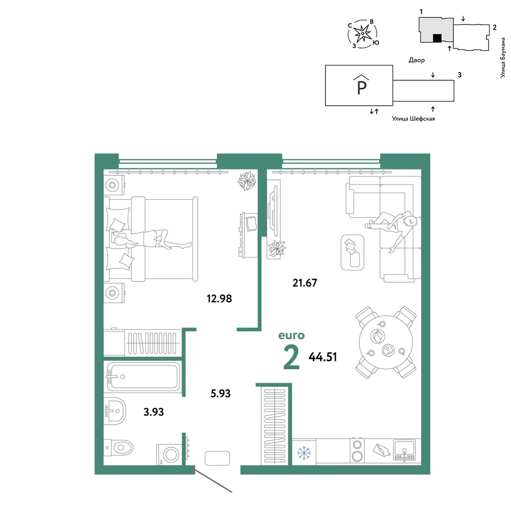 Планировка 2-комн. квартира, 44.51 м² ЖК «Страна.Энтузиастов»