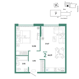 Планировка 2-комн. квартира, 44.51 м² ЖК «Страна.Энтузиастов»