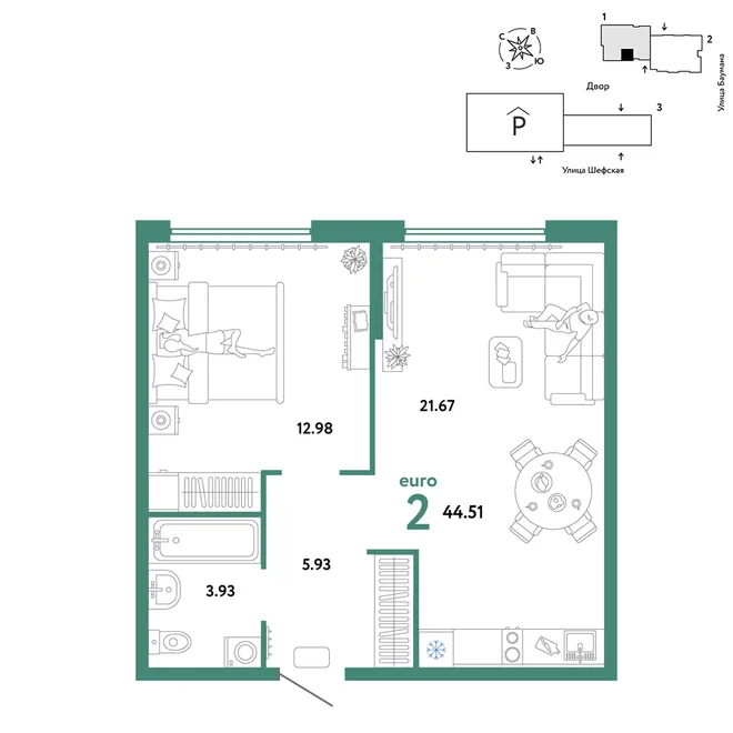 Планировка 2-комн. квартира, 44.51 м² ЖК «Страна.Энтузиастов» Планировка 2-комн. квартира, 44.51 м² ЖК «Страна.Энтузиастов»
