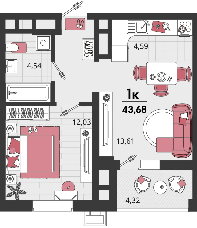 Планировка 2-комн. квартира, 43.68 м² ЖК «Родные просторы»