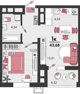 Планировка 2-комн. квартира, 43.68 м² ЖК «Родные просторы»