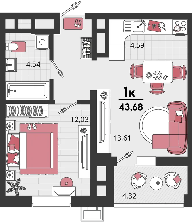 Планировка 2-комн. квартира, 43.68 м² ЖК «Родные просторы» Планировка 2-комн. квартира, 43.68 м² ЖК «Родные просторы»