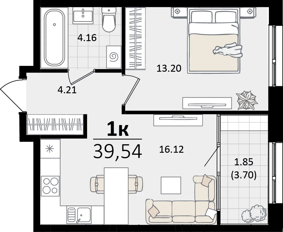 Планировка 1-комн. квартира, 39.54 м² ЖК «Патрики»