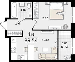 Планировка 1-комн. квартира, 39.54 м² ЖК «Патрики»