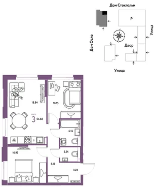 Планировка 3-комн. квартира, 54.7 м² ЖК «Европейский берег 2.0»
