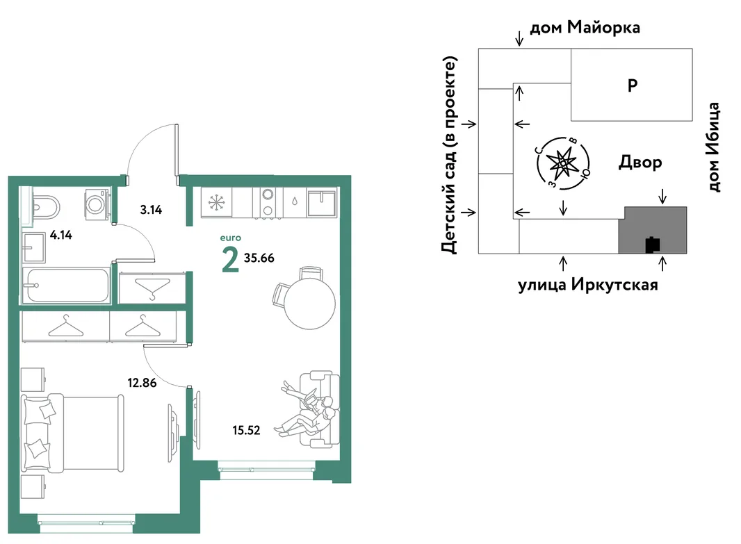 Планировка 2-комн. квартира, 35.66 м² ЖК «Остров-сад»