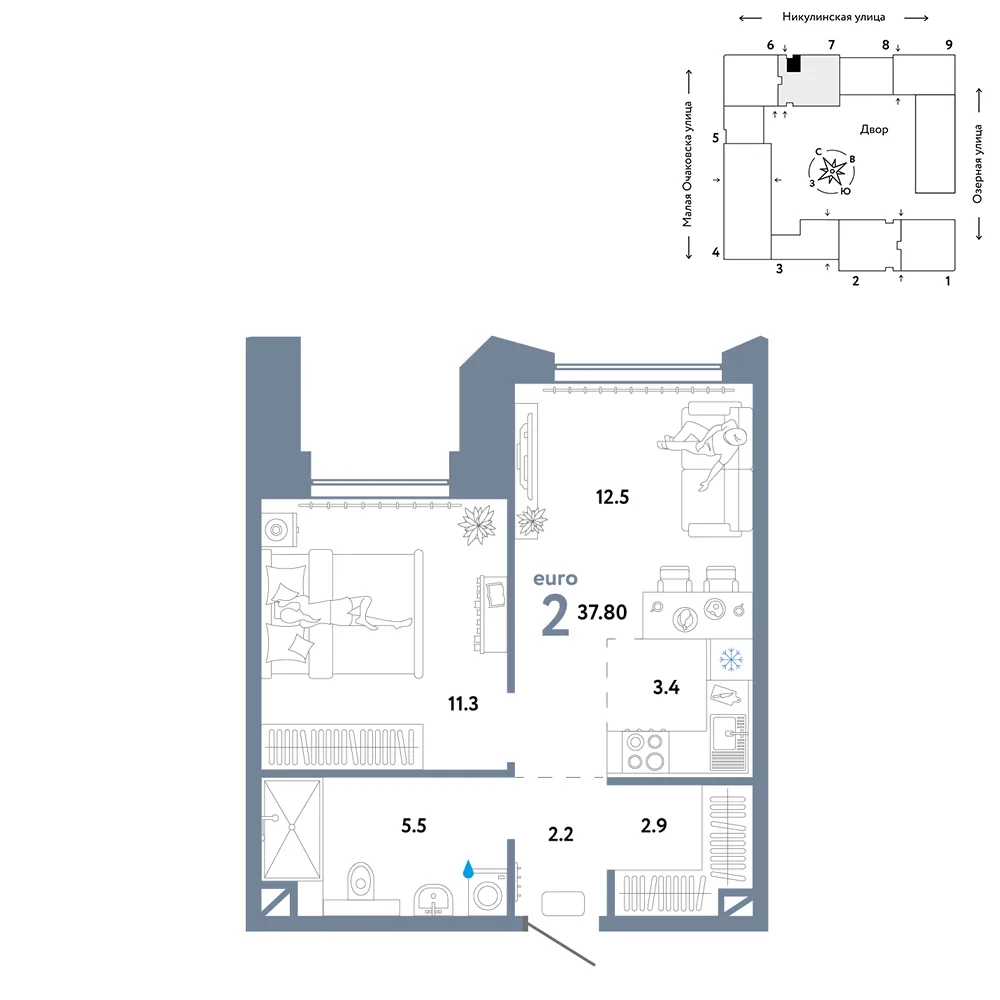Планировка 2-комн. квартира, 37.8 м² ЖК «Страна.Озёрная»