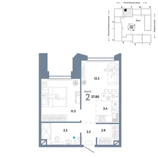Планировка 2-комн. квартира, 37.8 м² ЖК «Страна.Озёрная»