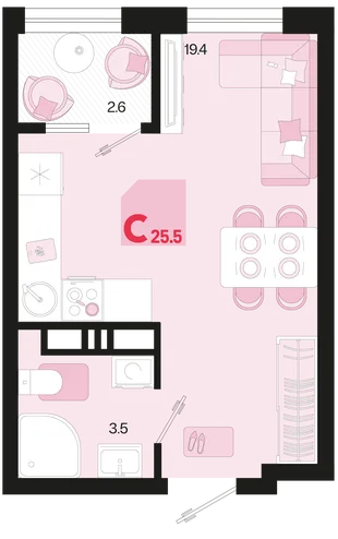 Планировка Студия, 25.5 м² ЖК «Первое место»