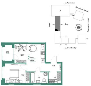 Планировка 2-комн. квартира, 45.16 м² ЖК «Сердце Сибири»