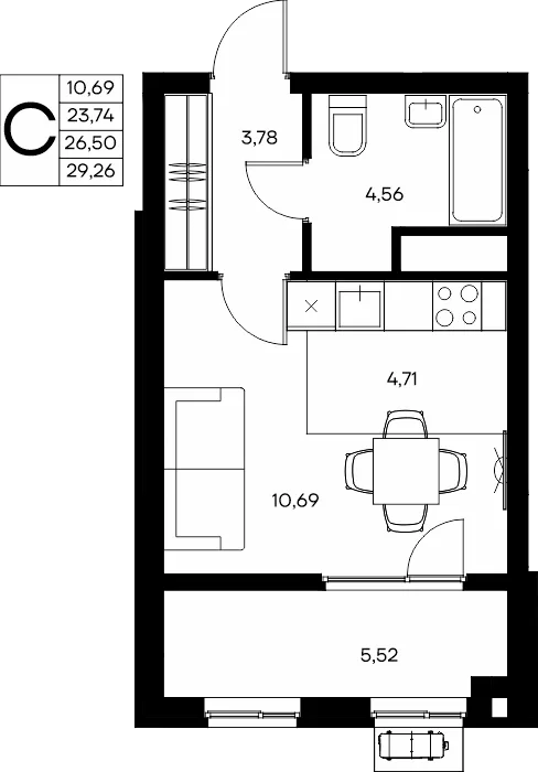 Планировка Студия, 29.85 м² ЖК «Прибрежный дом»
