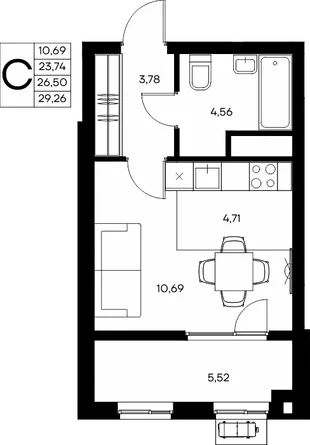 Планировка Студия, 29.85 м² ЖК «Прибрежный дом»