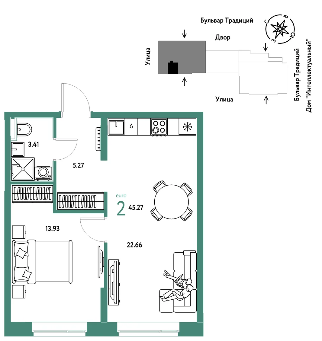Планировка 2-комн. квартира, 45.27 м² ЖК «Микрорайон Домашний»