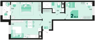 Планировка 2-комн. квартира, 62.2 м² ЖК «Первое место»