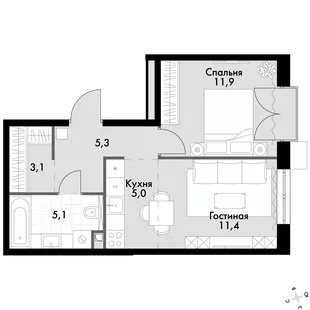 Квартира 2-комн. квартира, 41.6 м² ЖК «Флагман» Фото 1 Квартира 2-комн. квартира, 41.6 м² ЖК «Флагман» Фото 1
