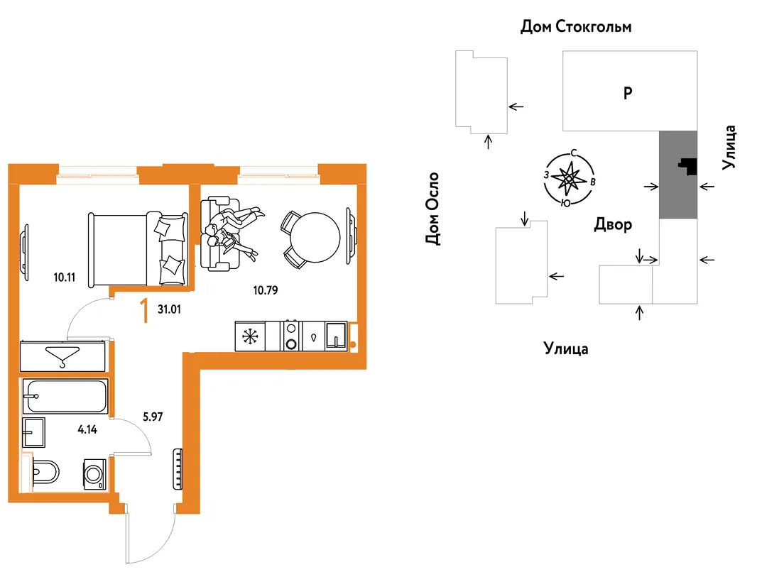 Планировка 1-комн. квартира, 31.01 м² ЖК «Европейский берег 2.0»