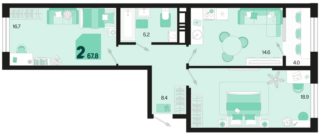 Планировка 2-комн. квартира, 67.8 м² ЖК «Первое место»