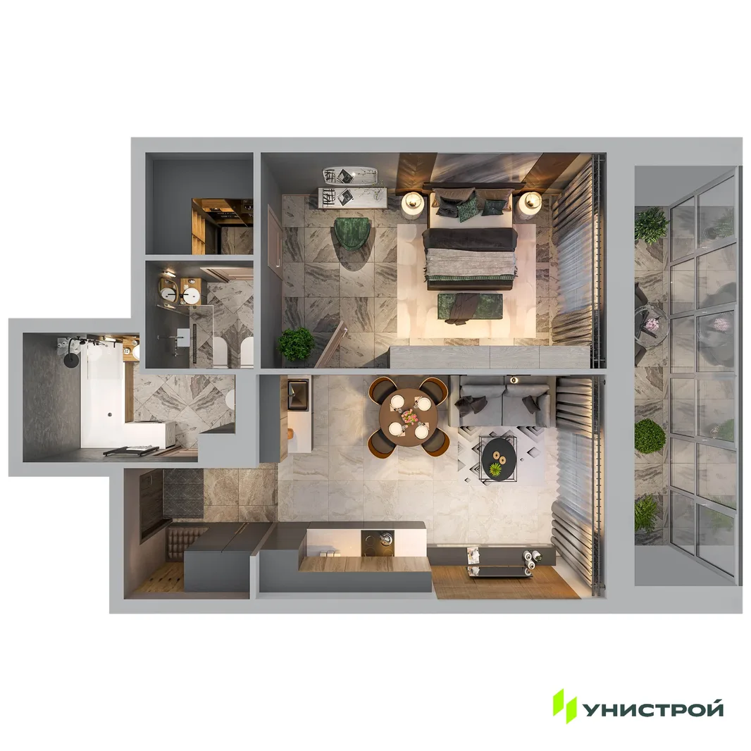 Планировка 1-комн. квартира, 45.43 м² ЖК «Лисино»