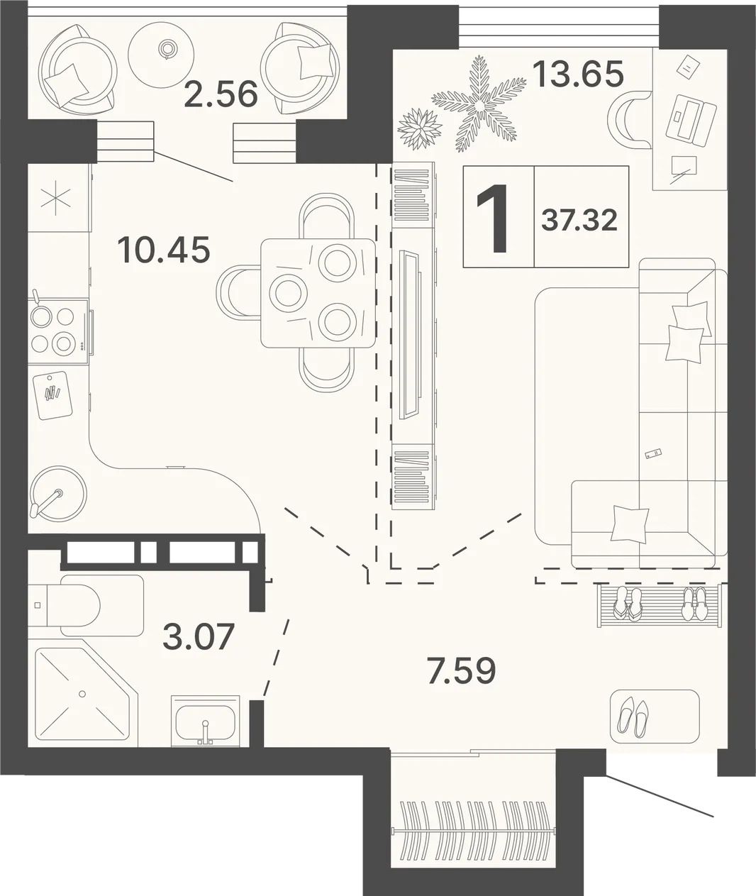 Планировка 1-комн. квартира, 37.32 м² ЖК «Светский лес»
