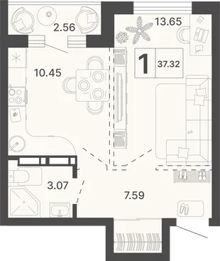 Планировка 1-комн. квартира, 37.32 м² ЖК «Светский лес»