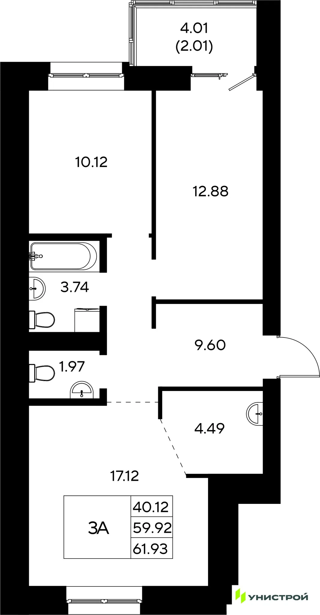 Планировка 3-комн. квартира, 61.93 м² ЖК «Царёво City»