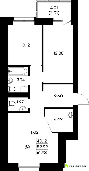 Планировка 3-комн. квартира, 61.93 м² ЖК «Царёво City»