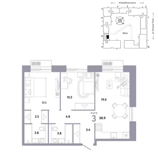 Планировка 3-комн. квартира, 58.9 м² ЖК «Страна.Заречная»