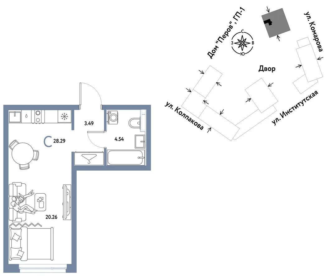 Планировка Студия, 28.29 м² ЖК «Страна.Парковая»