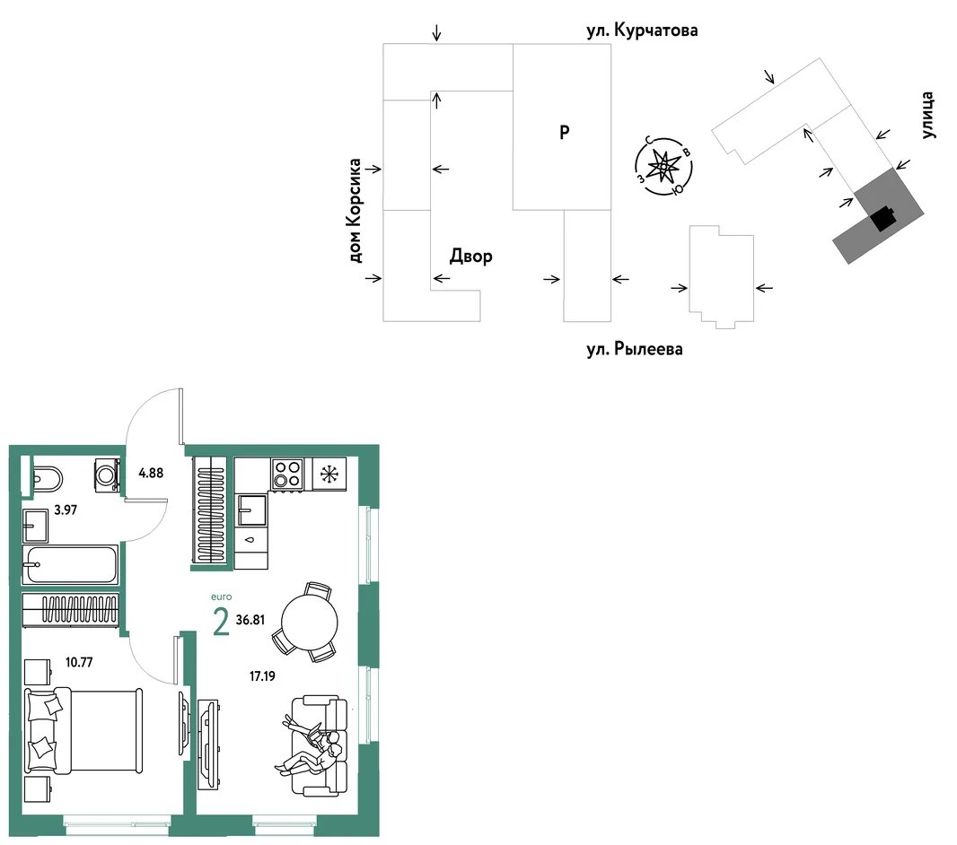 Планировка 2-комн. квартира, 37 м² ЖК «Остров-сад»
