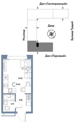 Планировка Студия, 21.44 м² ЖК «Микрорайон Домашний»