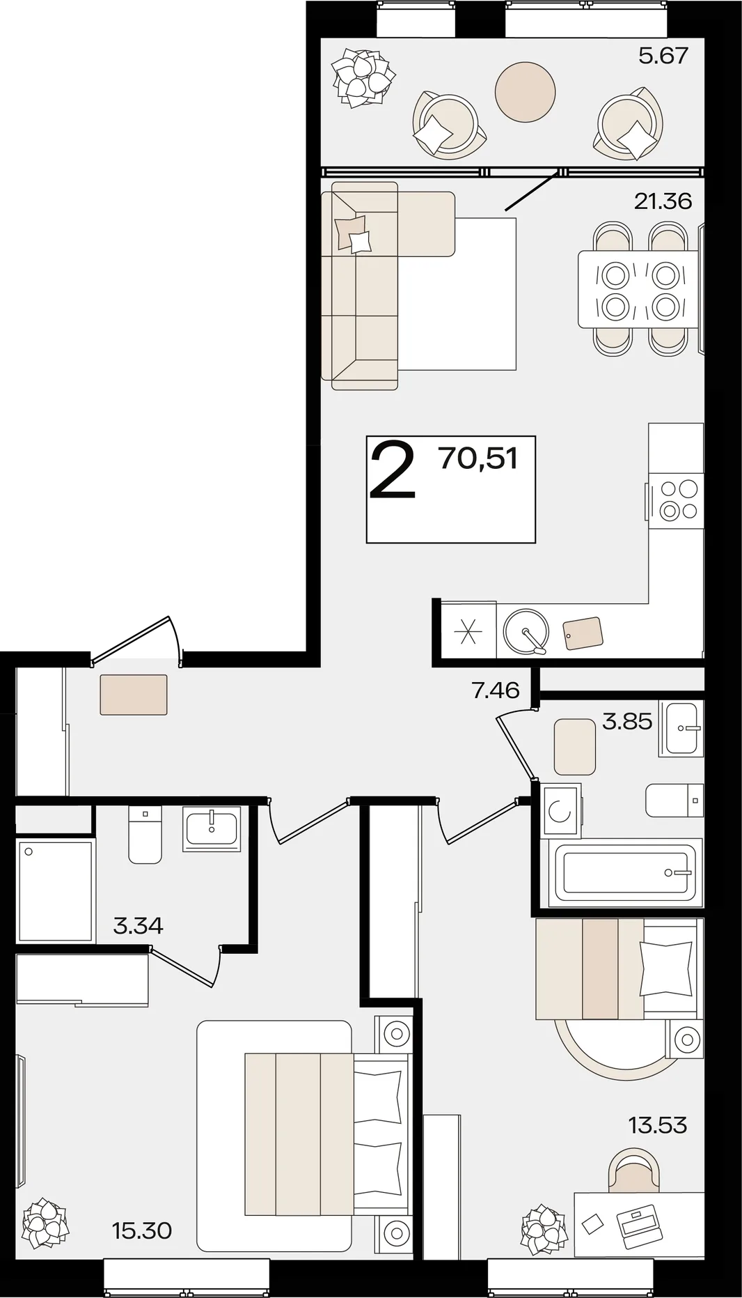 Планировка 2-комн. квартира, 70.51 м² ЖК «Патрики»