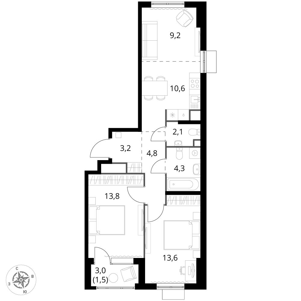 Планировка 2-комн. квартира, 63.1 м² ЖК «1-й Химкинский»