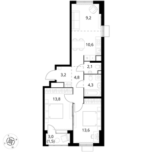 Планировка 2-комн. квартира, 63.1 м² ЖК «1-й Химкинский»