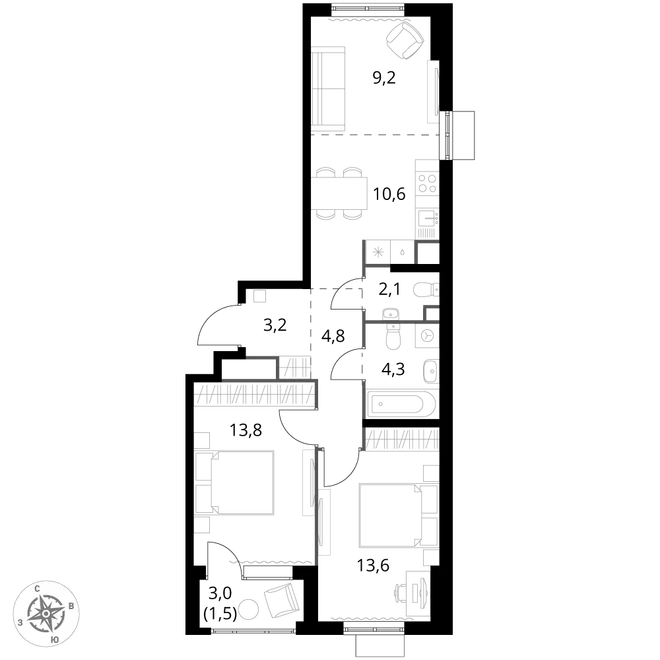 Планировка 2-комн. квартира, 63.1 м² ЖК «1-й Химкинский» Планировка 2-комн. квартира, 63.1 м² ЖК «1-й Химкинский»