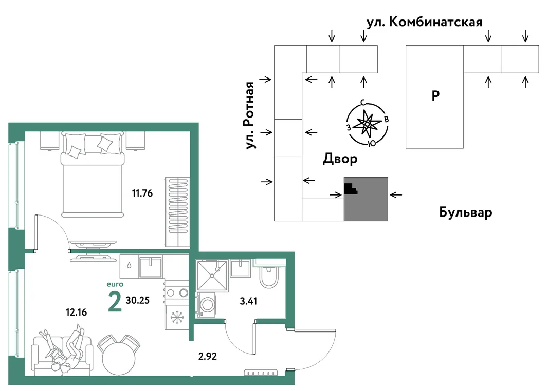 Планировка 2-комн. квартира, 30.02 м² ЖК «Уральский сад»