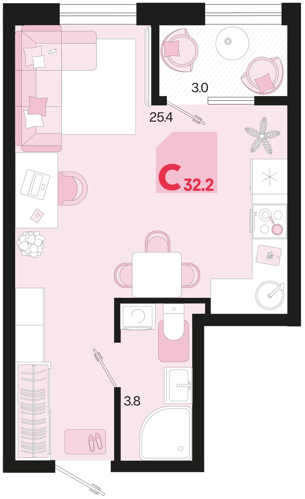 Планировка Студия, 32.2 м² ЖК «Первое место»