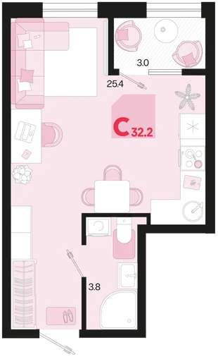 Планировка Студия, 32.2 м² ЖК «Первое место»